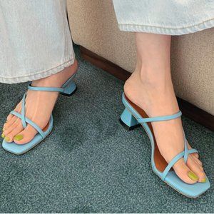 Square Toe Strappy Block Heel Slip On Sandals Shoes Baby Blue Size 7